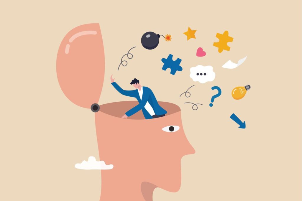 Illustration of person throwing out clutter from someone's open head